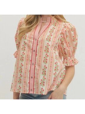 Entro Pink & Red Floral Puff Sleeve Button Up Smocked Collar Top Womens Medium